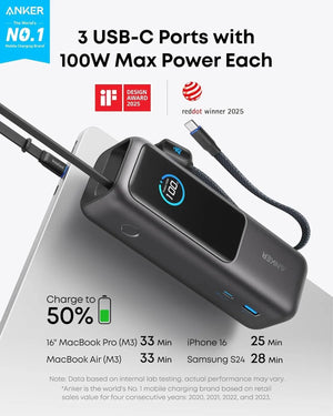 Anker Power Bank 25000mAh 165W Ultra-Fast Portable Charger with Built-In and Retractable USB C Cables A1695 Tech House