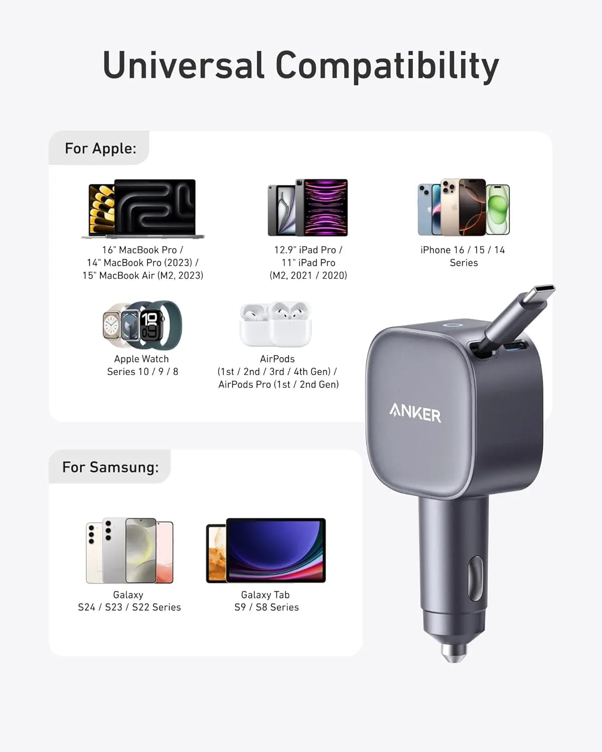 Anker Nano 75W USB-C Car Charger with Built-in Retractable USB-C Cable