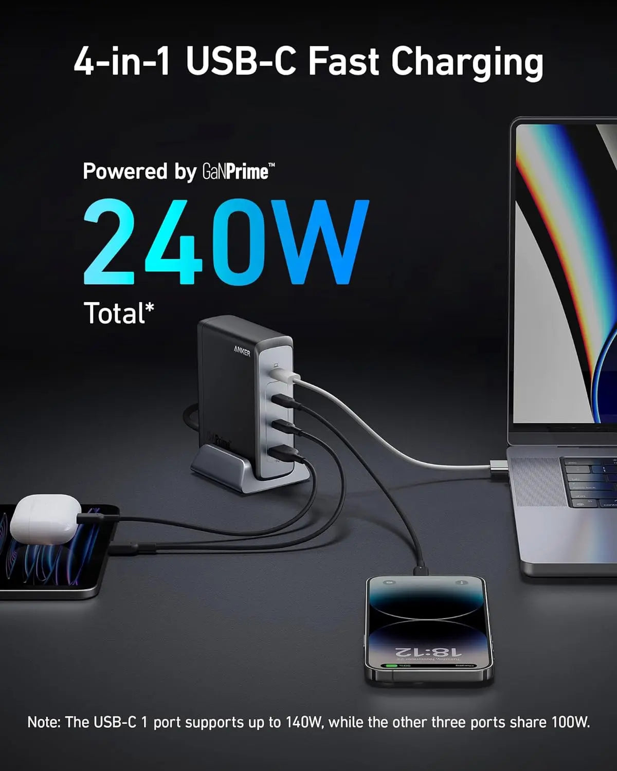 4-in-1 USB-C Fast charging Providing Total 240W Output Fast Charging Powerport Prime 240W USB C GaN Charger A2342 