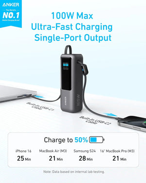 Anker Powerbank 25000mAh 165W Ultra-Fast Portable Charger with Built-In and Retractable USB C Cables A1695 Tech House