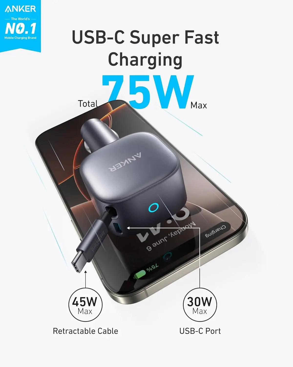 Anker アンカー mulch-device fast charging Anker Nano 75W USB-C Car Charger with Built-in Retractable USB-C Cable