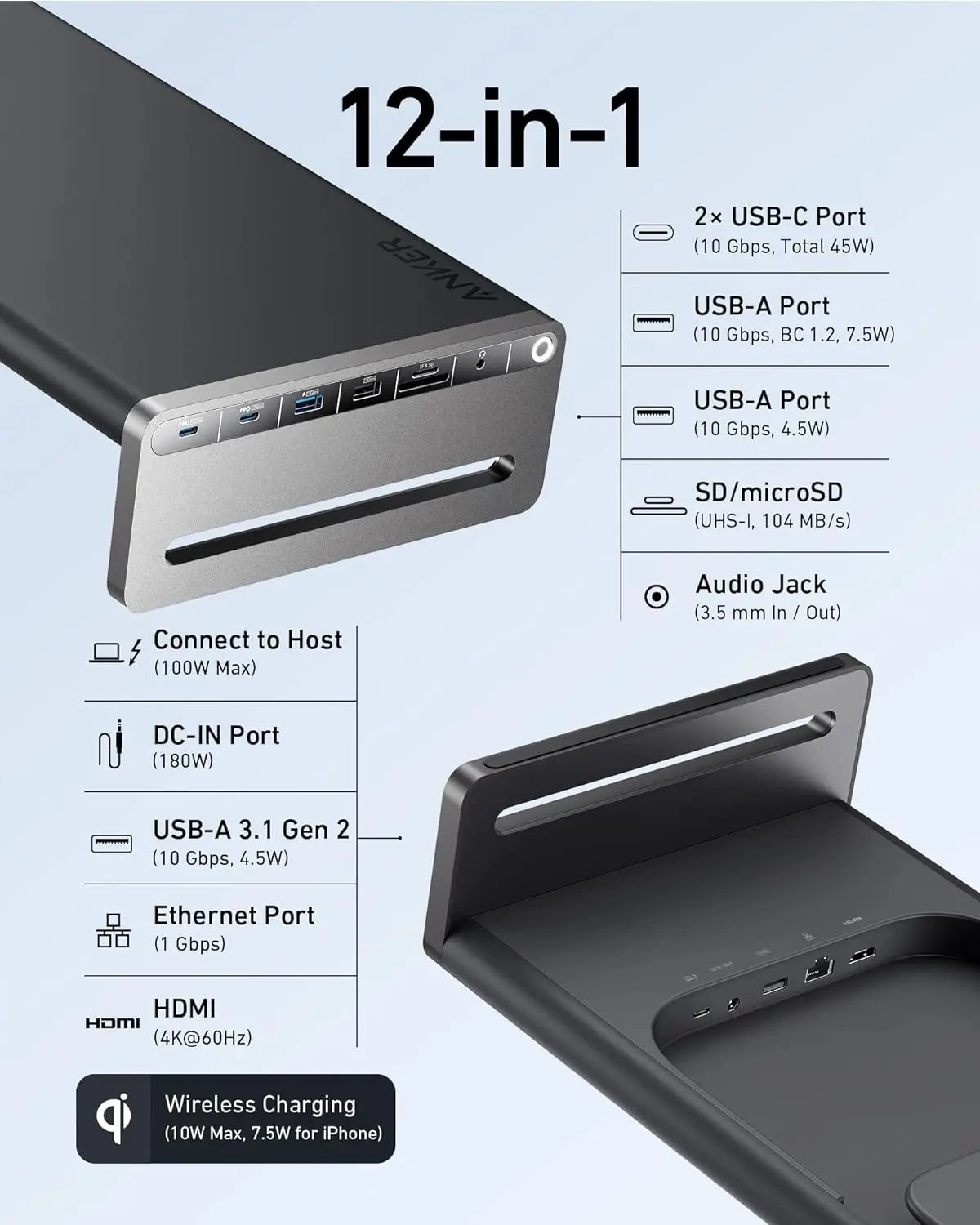 Anker 675 USB-C Docking Station (12-in-1, Monitor Stand) with 10Gbps USB-C Ports A8377 Anker Singapore