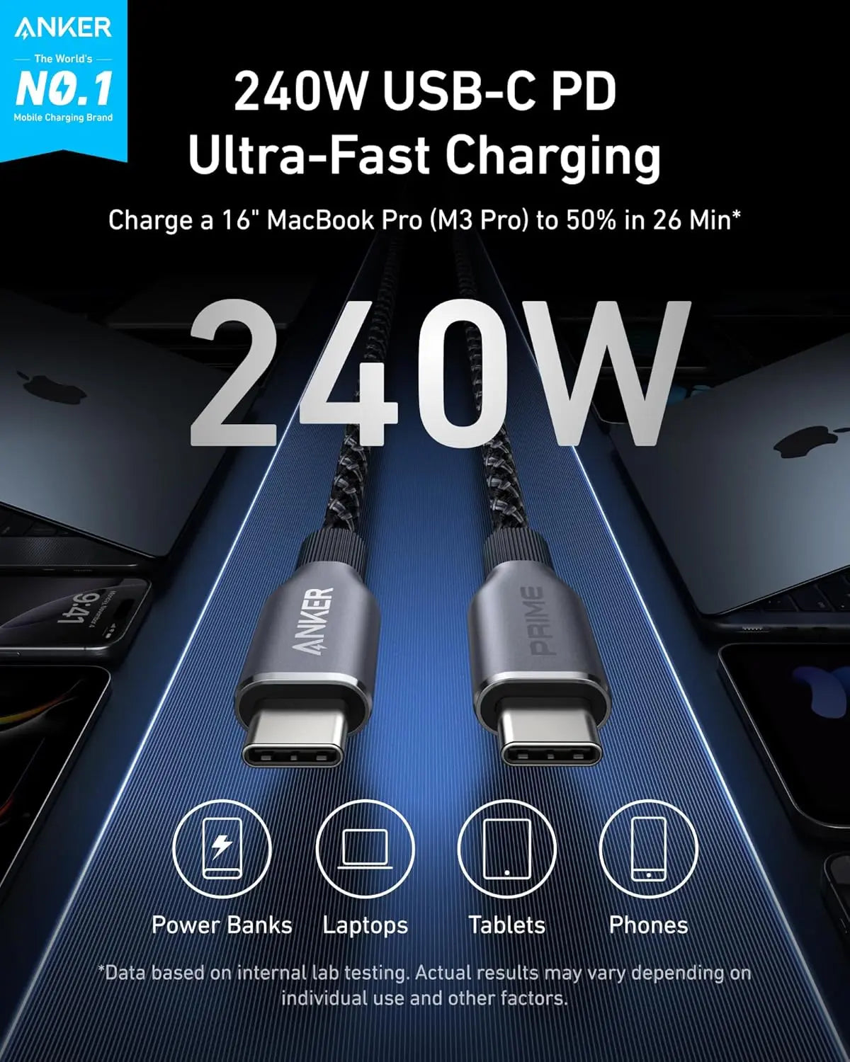 Anker Prime USB C to USB C 240W Upcycled Braided Nylon Cable A88E2