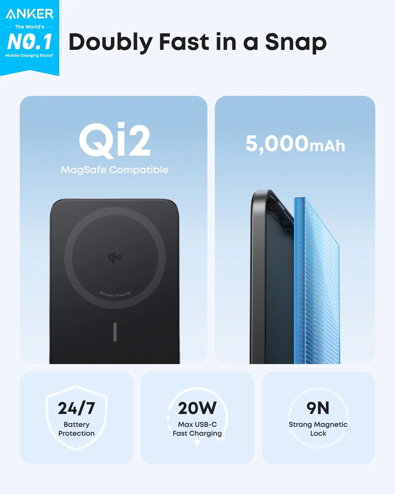Anker MagGo Nano UltraSlim 5000mAh Qi2 Certified 15W Power Bank A1665