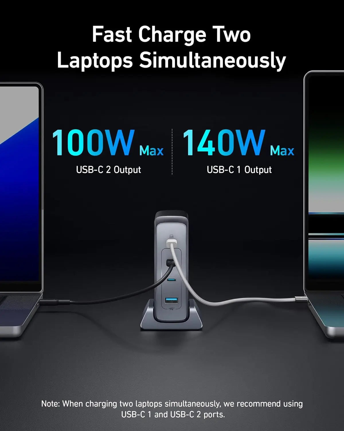 Fast charging Powerport Prime 240W USB C GaN Charge A2342 with Two Laptops Connected to it