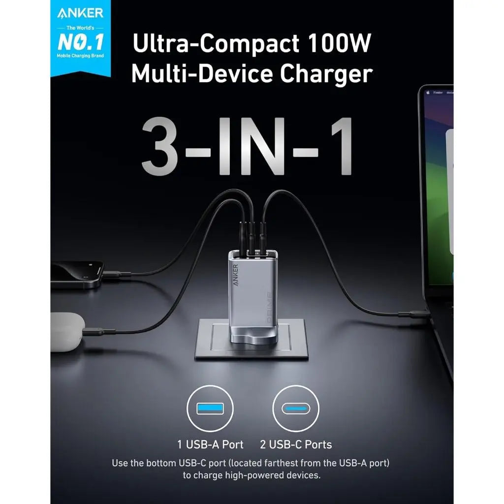 Anker Prime Charger 100W USB C Foldable Charger 3-Port GaN USB Charger Adapter Travel PD Charger Multi Plug A2688 Anker Singapore