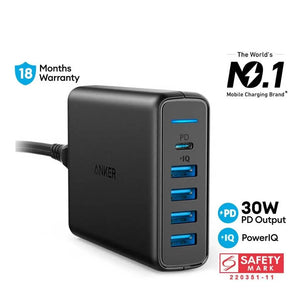 PowerPort 1 PD & 4 USB Charger SG 3 Pin USB C Charger A2056 - Anker Singapore