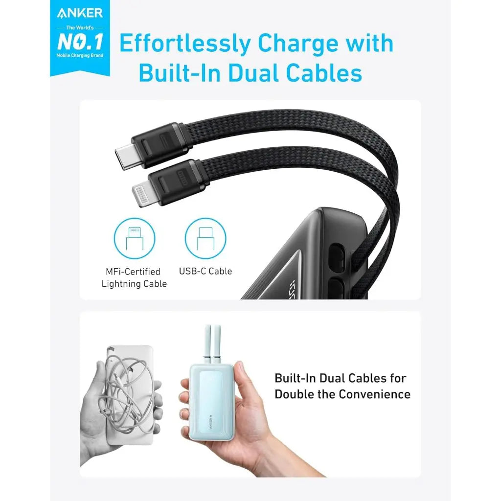 Anker Zolo Powerbank 10,000mAh 30W Fast Portable Charger Built-in USB-C Lightning Cables Power Bank Fast Charging A1680 Anker Singapore