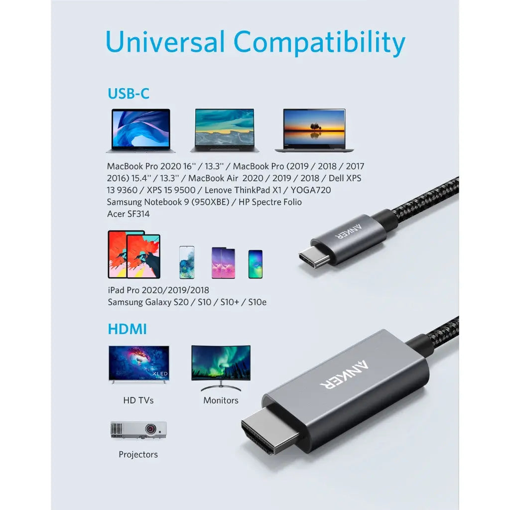 Anker USB-C to HDMI 1.8m / 6ft Nylon Cable 4K 60Hz Video, Simple and Convenient Adapter Cable A8730 Anker Singapore