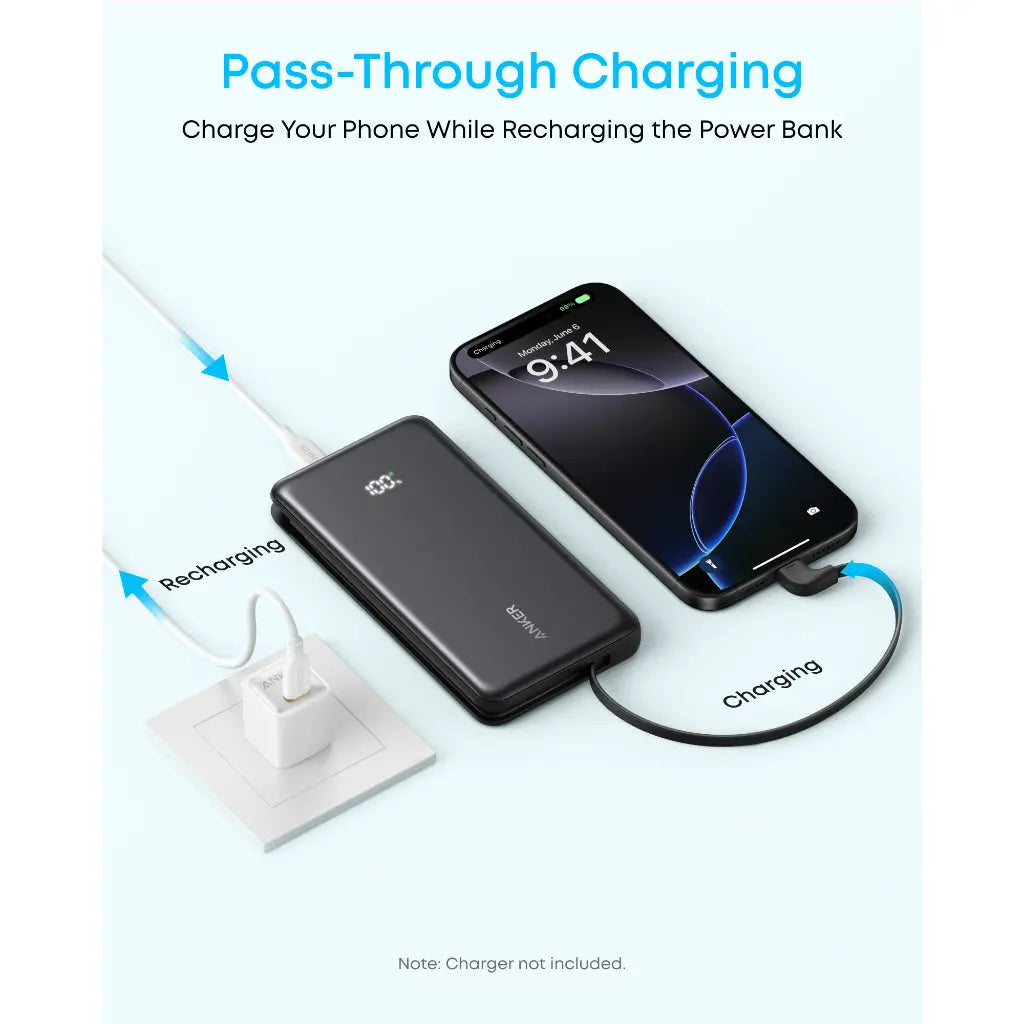 Anker Zolo Powerbank 10000mAh 22.5W Power Bank Fast Charging Compact Portable Charger with Built-in USB-C Cable A110D Tech House