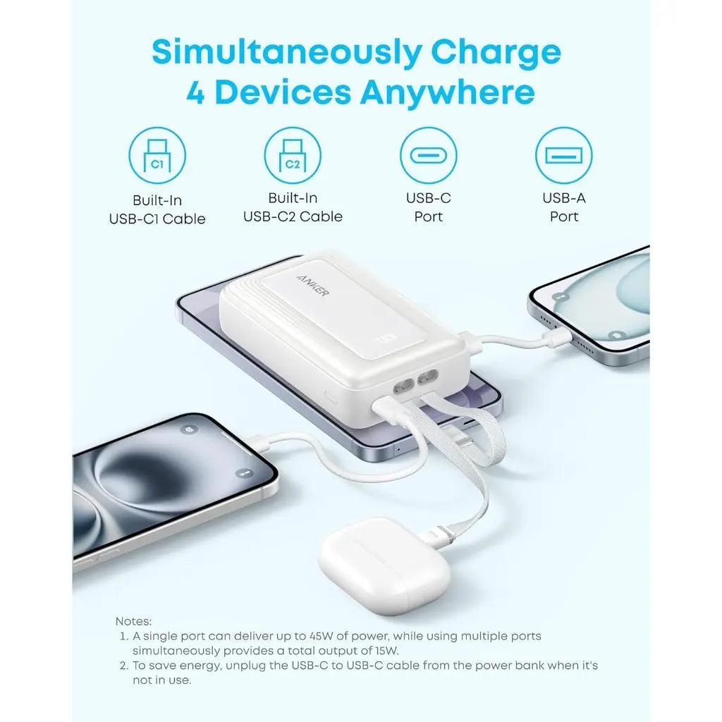 3C Power Bank Anker Zolo Powerbank CCC 20000mAh 45W Fast Charging Built-in Dual USB C Cable Portable Charger A110M ---