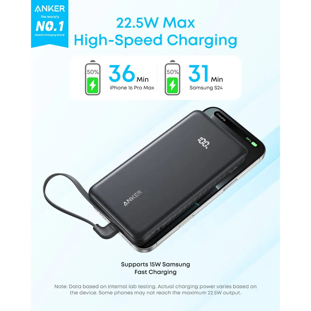 Anker Zolo Power Bank (10K, 22.5W, Built-In USB-C Cable) A110D